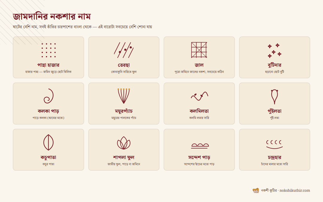 জামদানির বারোটা নকশার নাম ও মানে: পান্না হাজার, তেরছা, জাল, বুটিদার, কলকা, ময়ূরপ্যাঁচ, কলমিলতা, পুঁইলতা, কচুপাতা, শাপলা, সন্দেশ পাড়, চন্দ্রহার