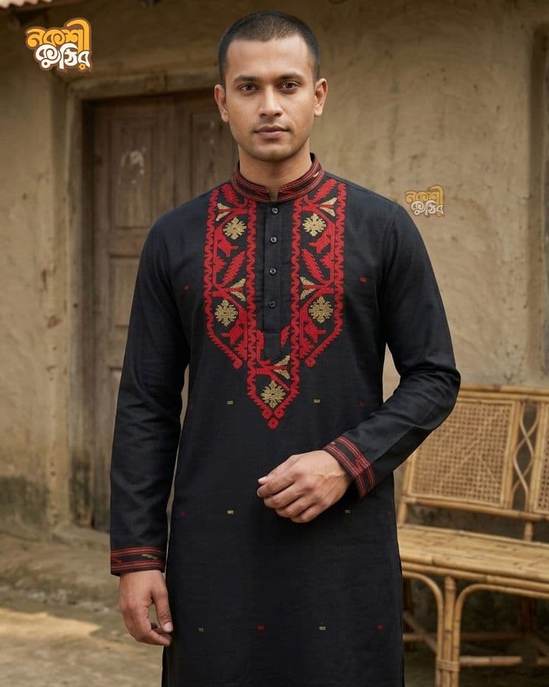 প্রিমিয়াম জামদানি পাঞ্জাবি — কালো (লাল) — গ্যালারি ছবি
