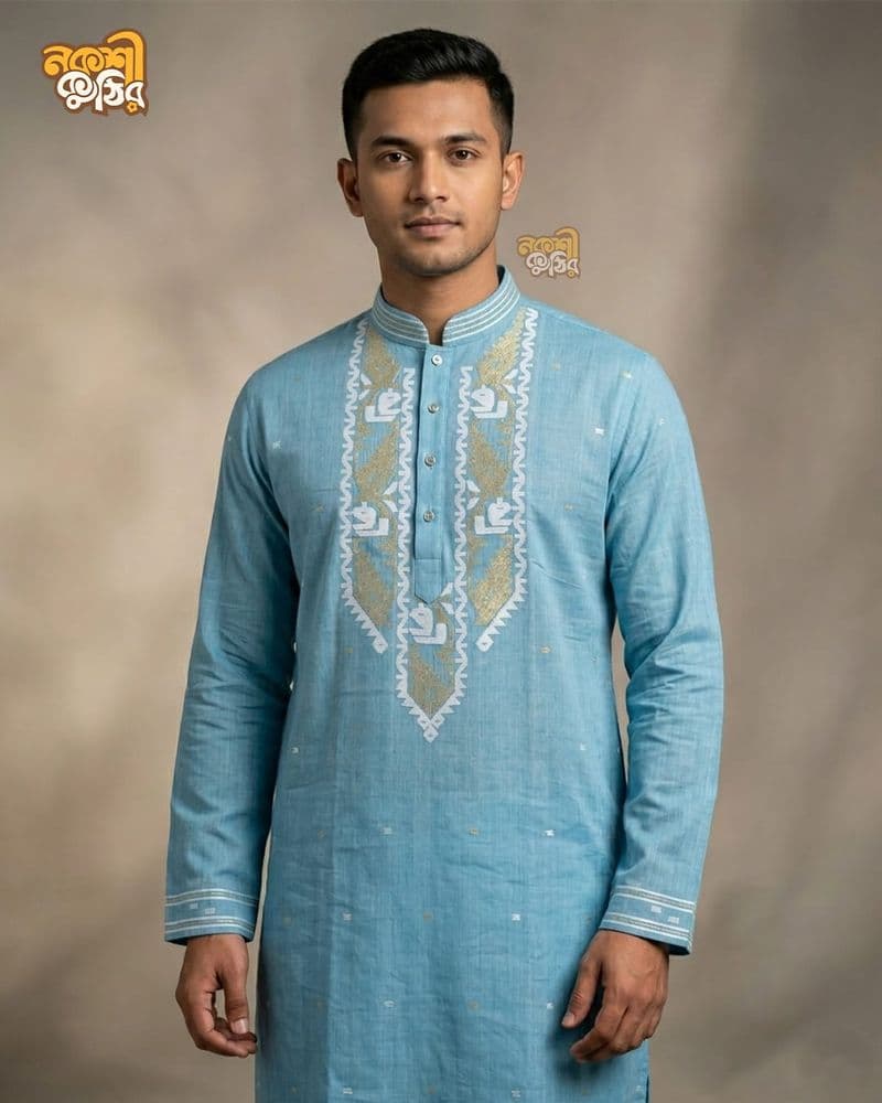 প্রিমিয়াম জামদানি পাঞ্জাবি — পেস্টেল ব্লু — গ্যালারি ছবি