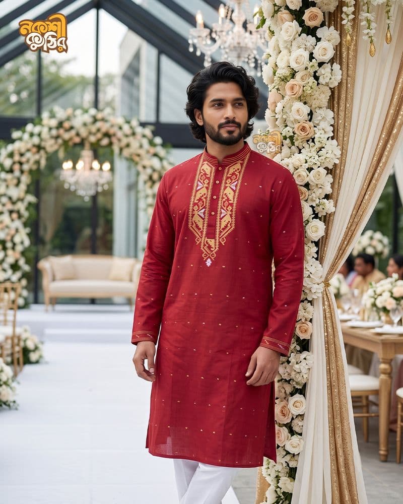 প্রিমিয়াম জামদানি পাঞ্জাবি — লাল — গ্যালারি ছবি
