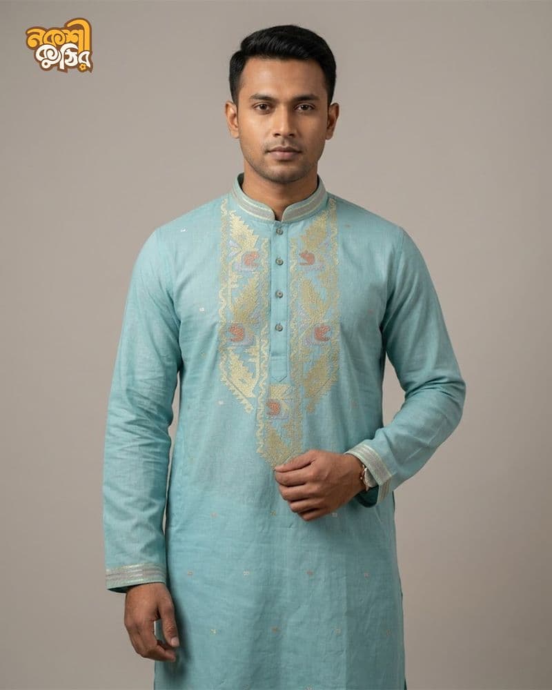 প্রিমিয়াম জামদানি পাঞ্জাবি — আকাশি নীল (ক্লাসিক) — গ্যালারি ছবি