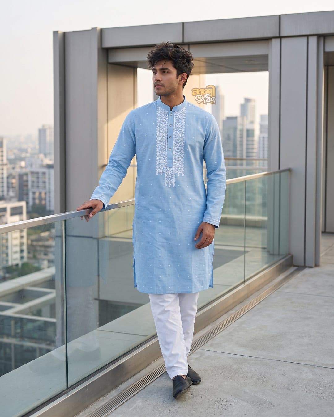 এক্সক্লুসিভ জামদানি পাঞ্জাবি — স্কাই ব্লু (সাদা কারুকাজ) — গ্যালারি