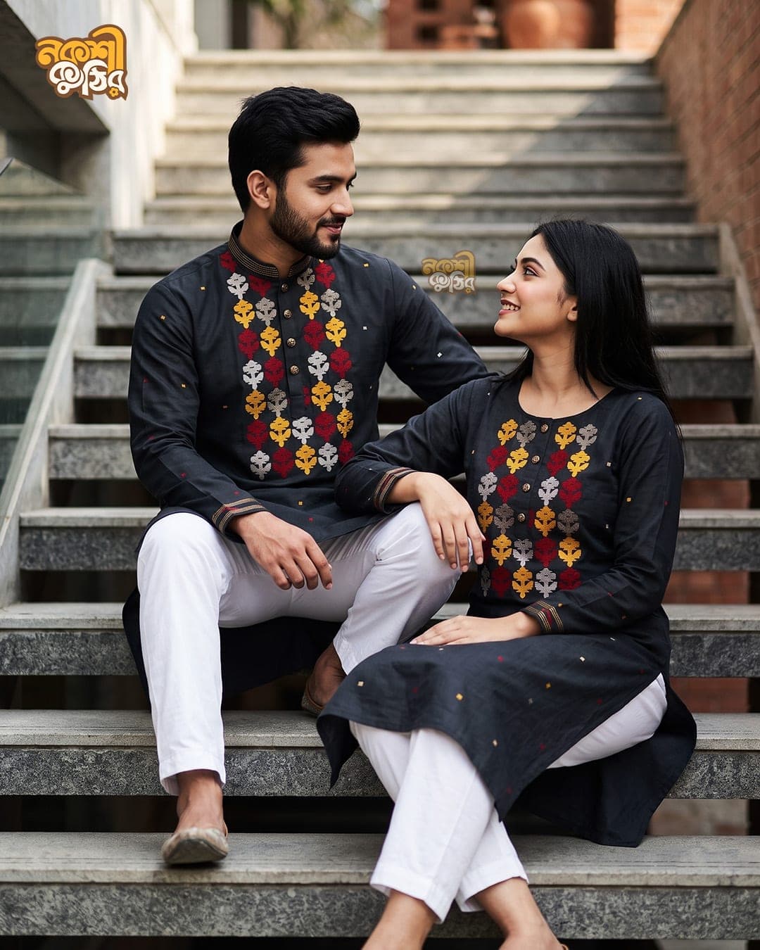 প্রিমিয়াম জামদানি কাপল কম্বো — কালো (লাল-হলুদ কারুকাজ)