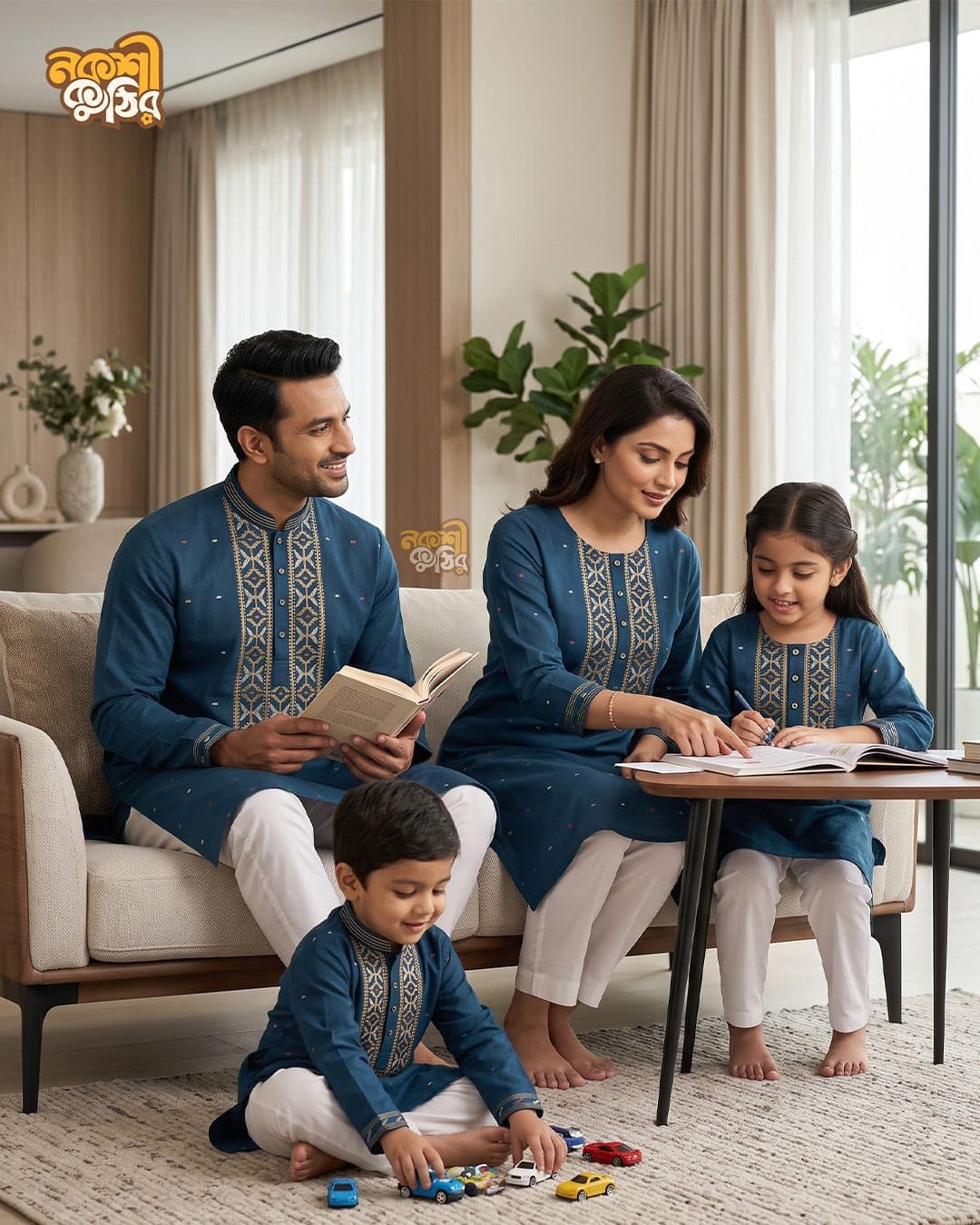 প্রিমিয়াম জামদানি ফ্যামিলি কম্বো — নেভি ব্লু (গোল্ডেন কারুকাজ) — গ্যালারি ছবি