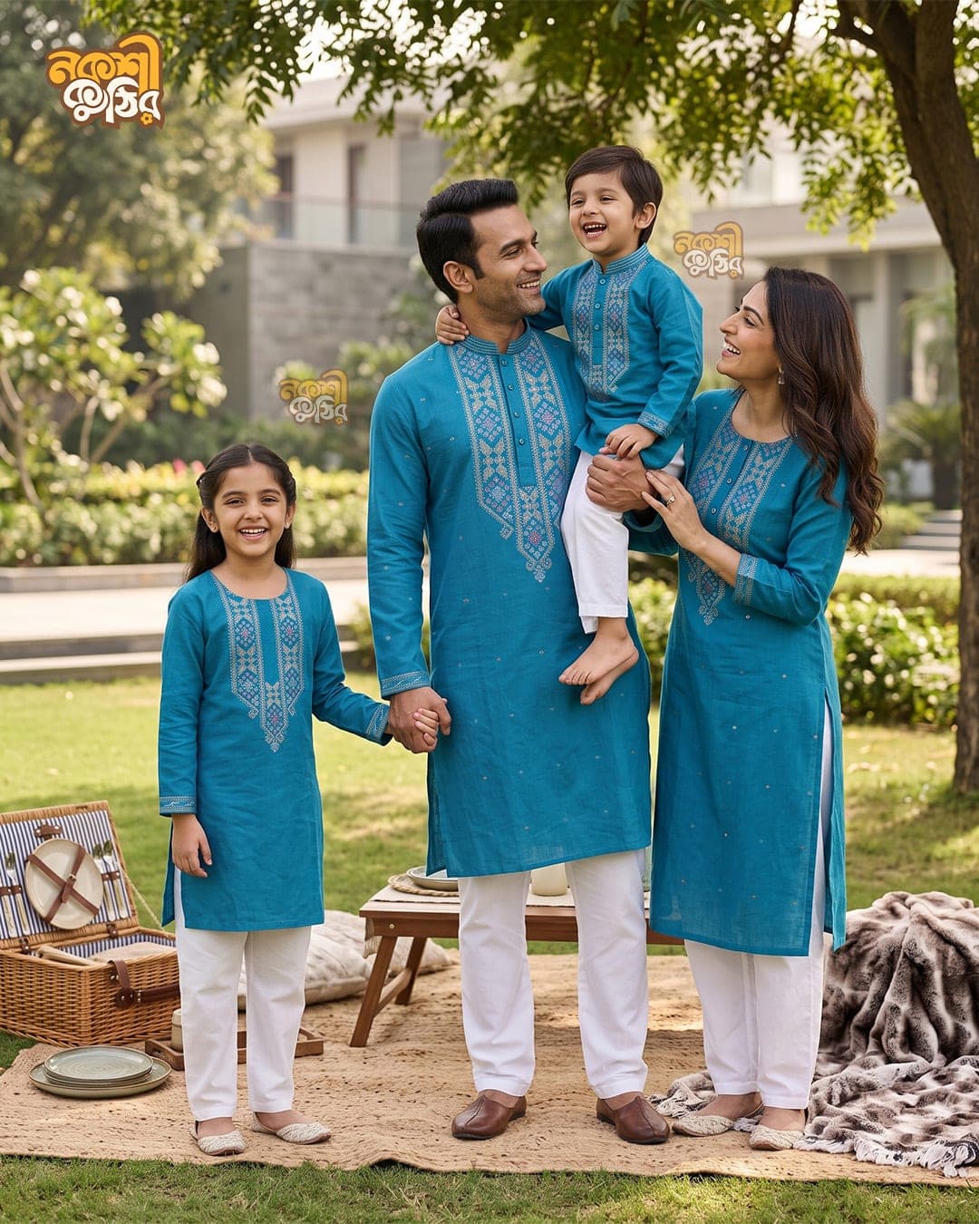 প্রিমিয়াম জামদানি ফ্যামিলি কম্বো — টিল আকাশি (গোল্ডেন-সিলভার-গোলাপি কারুকাজ) — গ্যালারি ছবি