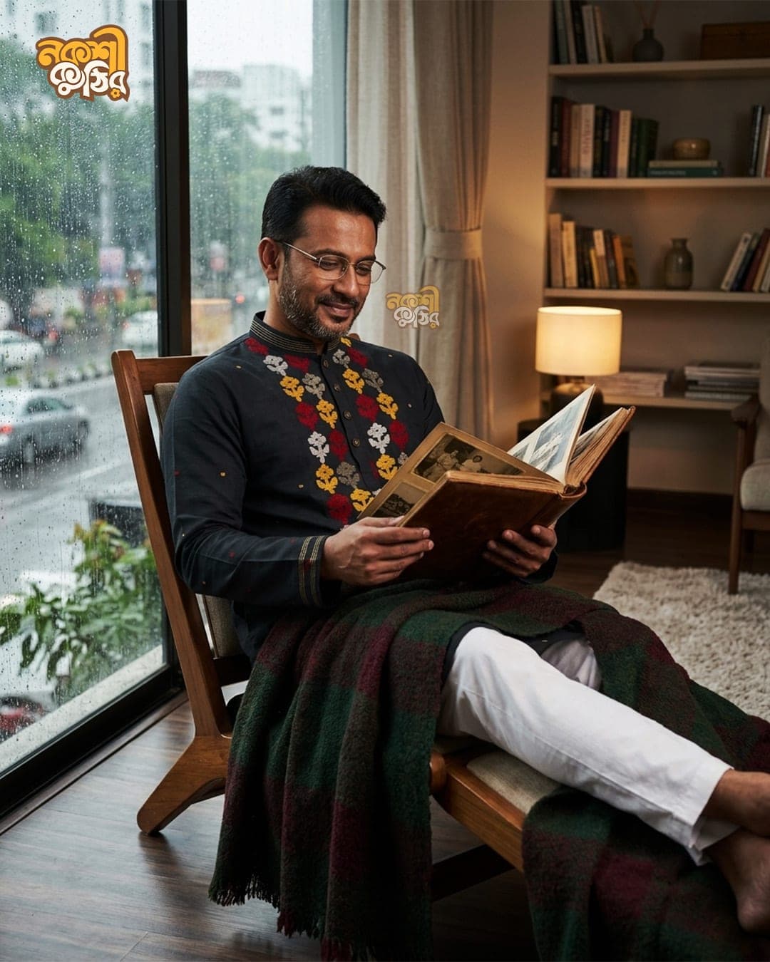 প্রিমিয়াম জামদানি পাঞ্জাবি — কালো (লাল-হলুদ কারুকাজ) — গ্যালারি