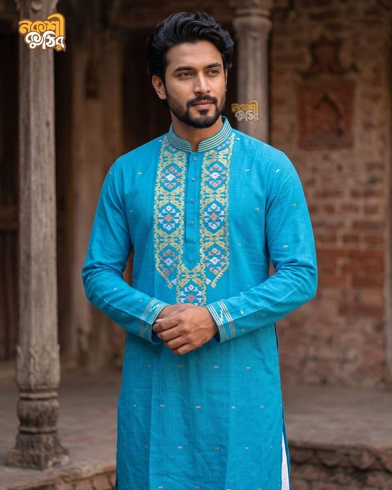 প্রিমিয়াম জামদানি পাঞ্জাবি — সায়ান ব্লু — প্রোডাক্ট ফটো