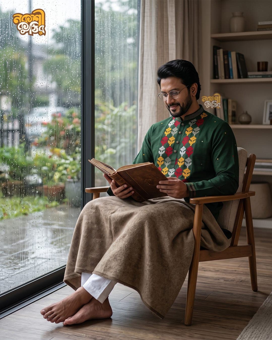 প্রিমিয়াম জামদানি পাঞ্জাবি — ডিপ সবুজ (মাল্টিকালার কারুকাজ) — গ্যালারি ছবি