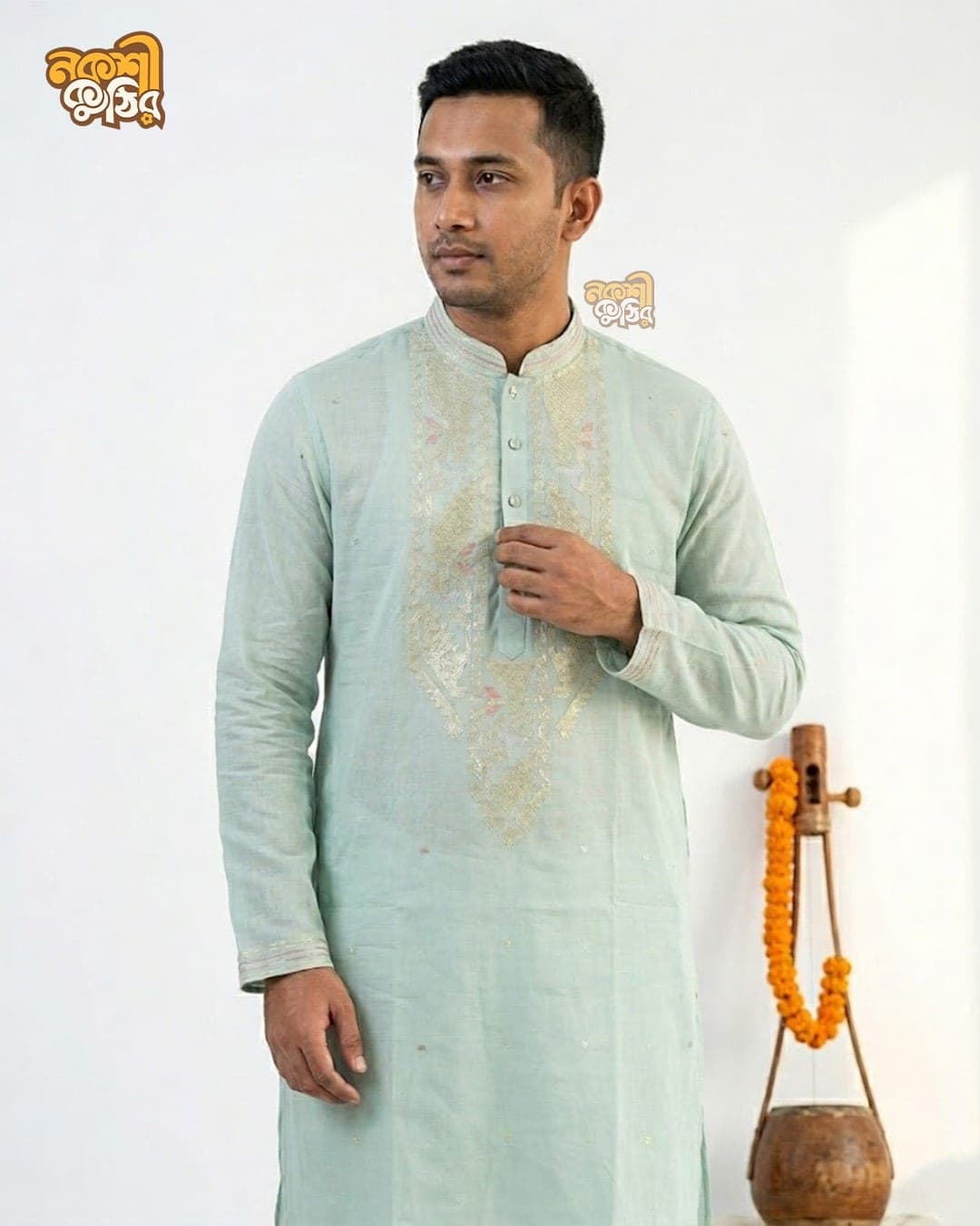 প্রিমিয়াম জামদানি পাঞ্জাবি — মিন্ট গ্রিন (গোল্ডেন কারুকাজ) — গ্যালারি ছবি