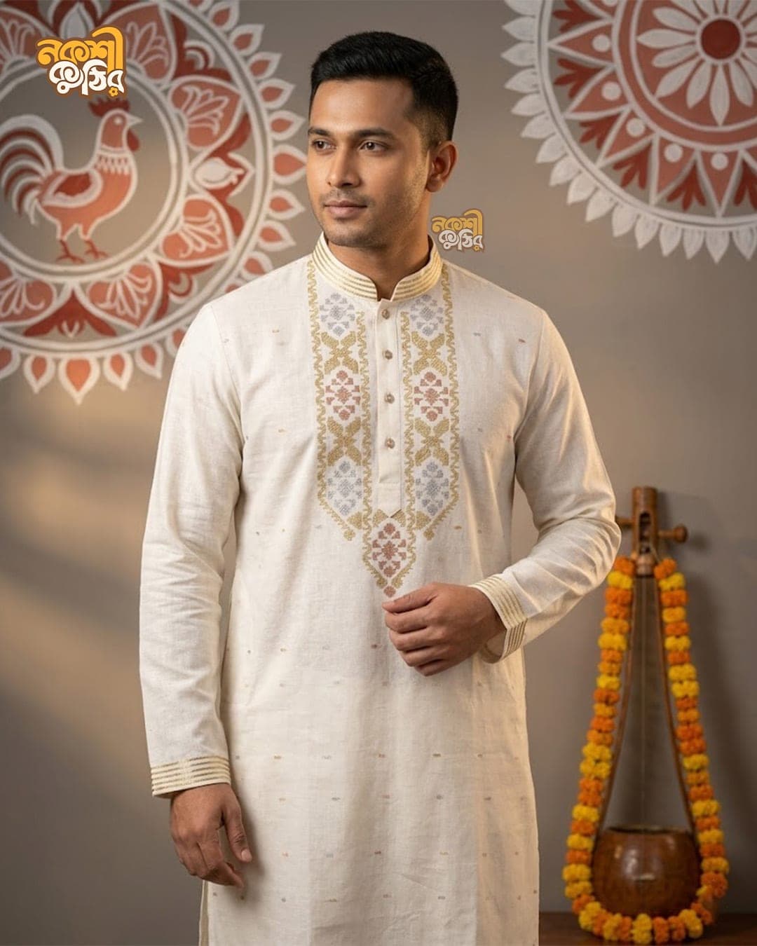 প্রিমিয়াম জামদানি পাঞ্জাবি — মিল্ক হোয়াইট (গোল্ডেন কারুকাজ) — গ্যালারি ছবি