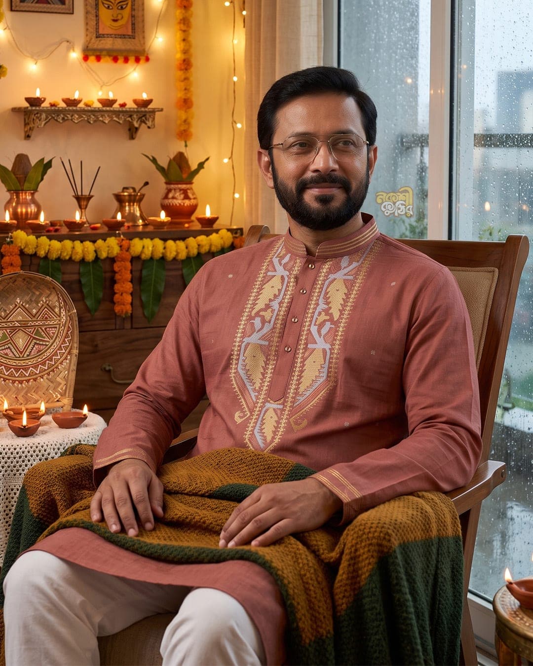 প্রিমিয়াম জামদানি পাঞ্জাবি — ডাস্টি রোজ (সোনালি কারুকাজ) — গ্যালারি