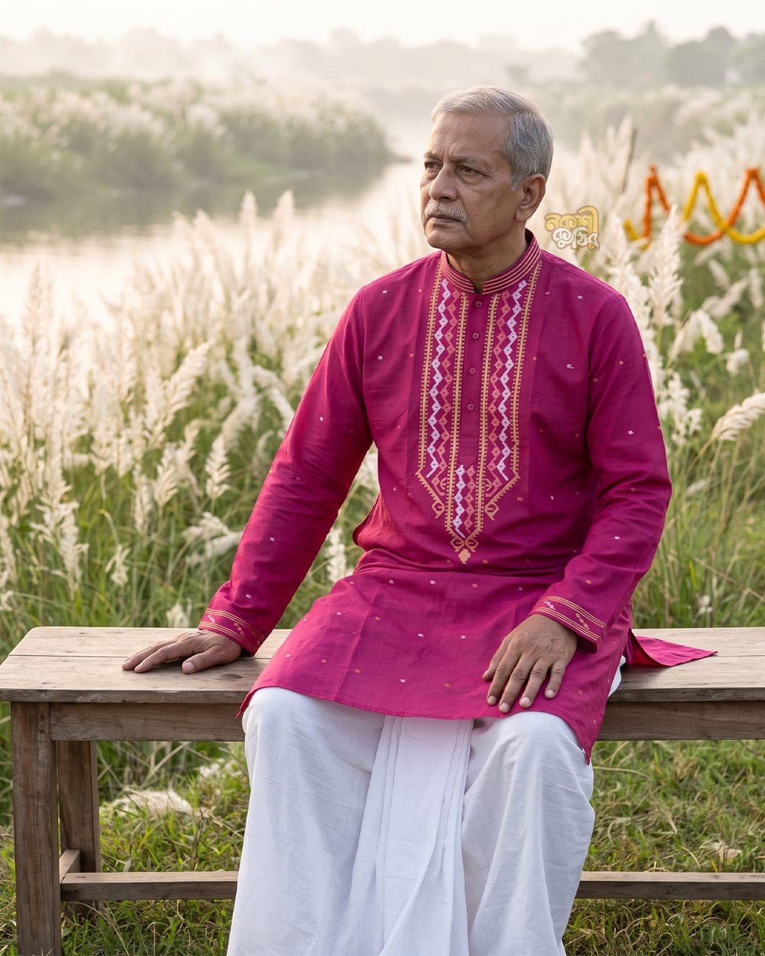 প্রিমিয়াম জামদানি পাঞ্জাবি — ম্যাজেন্টা (সাদা-গোলাপি-সোনালি কারুকাজ) — গ্যালারি