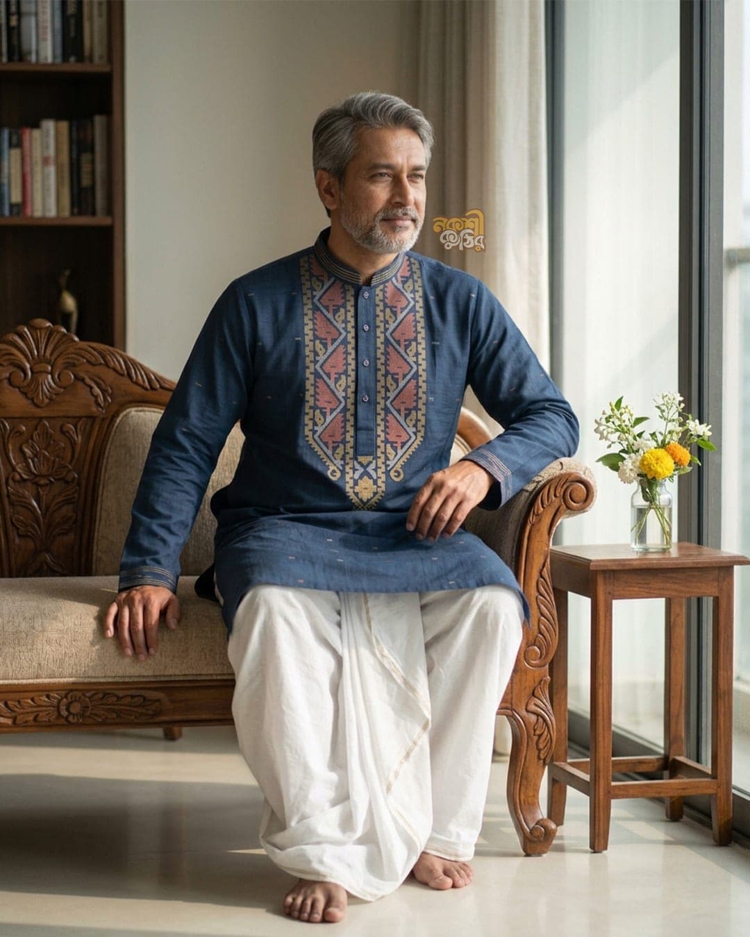 প্রিমিয়াম জামদানি পাঞ্জাবি — নেভি ব্লু (কোরাল-সোনালি কারুকাজ) — গ্যালারি