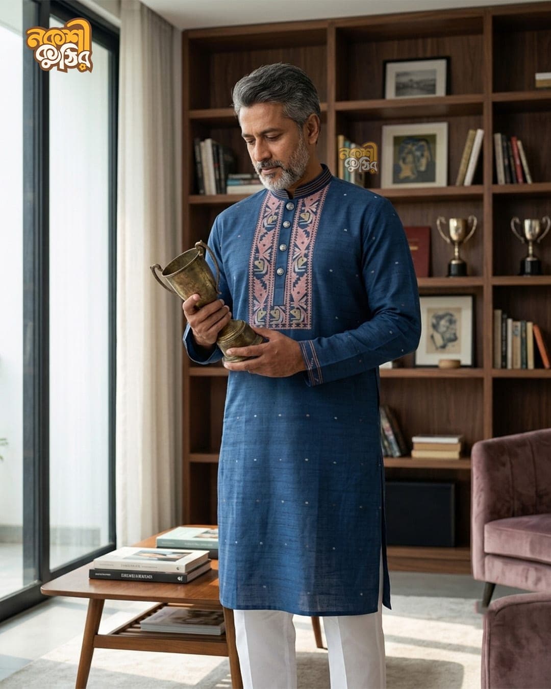 প্রিমিয়াম জামদানি পাঞ্জাবি — রয়্যাল ব্লু (গোলাপি কারুকাজ) — গ্যালারি
