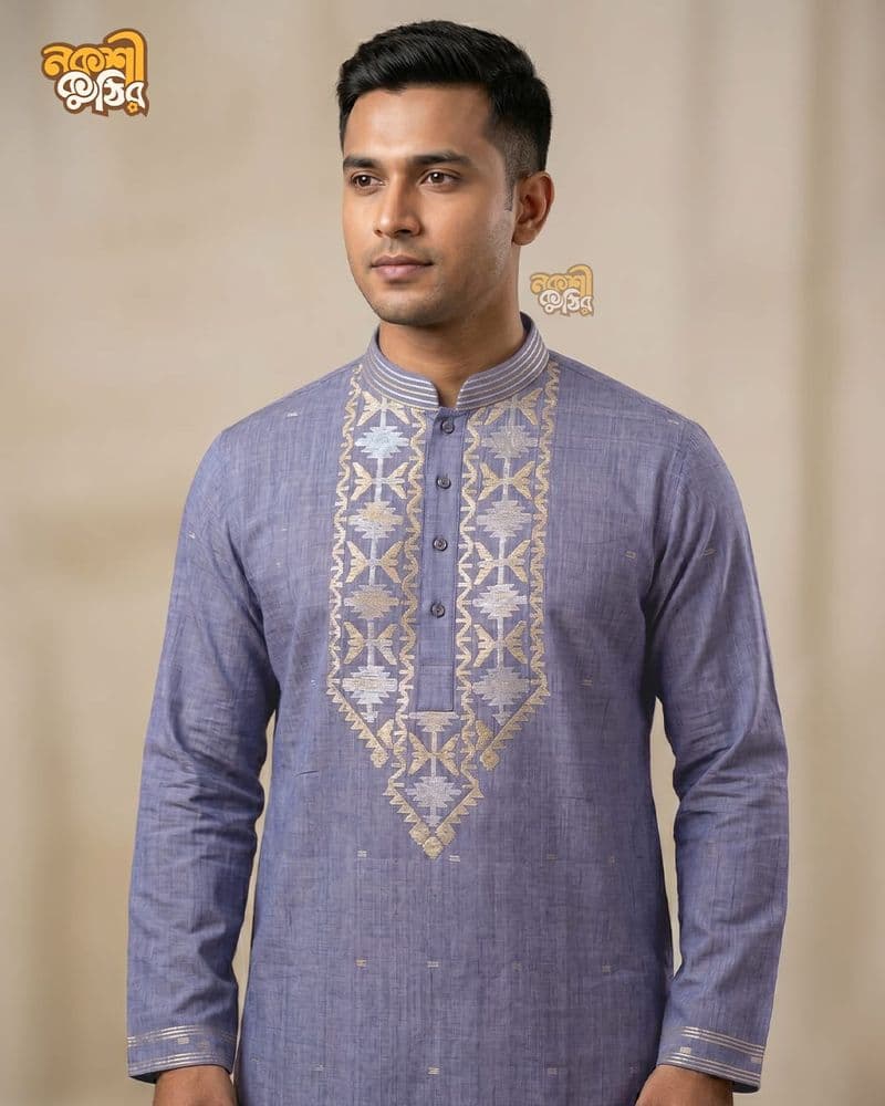 প্রিমিয়াম জামদানি পাঞ্জাবি — স্লেট ব্লু — প্রোডাক্ট ফটো