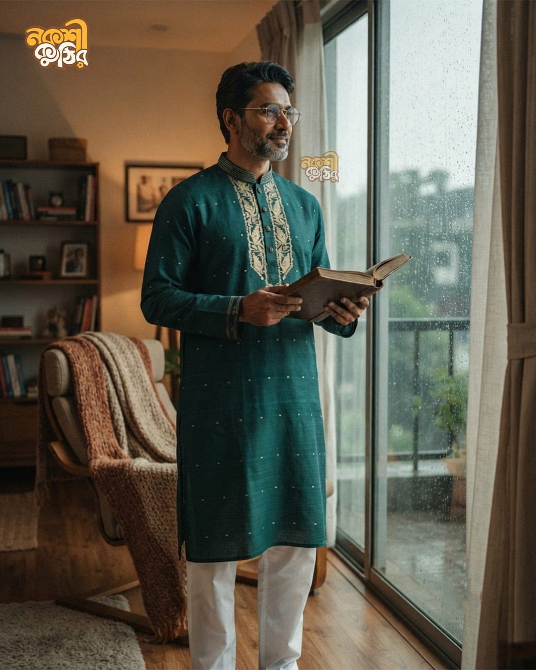 প্রিমিয়াম জামদানি পাঞ্জাবি — টিল গ্রিন (গোল্ডেন) — গ্যালারি