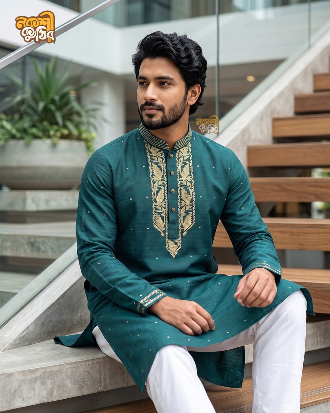 প্রিমিয়াম জামদানি পাঞ্জাবি — টিল গ্রিন (গোল্ডেন) — গ্যালারি ছবি