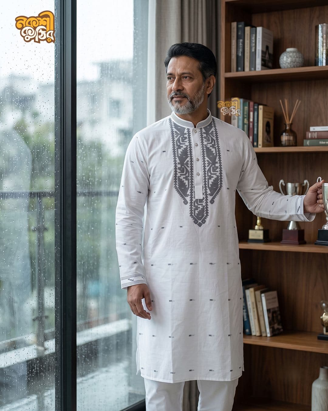 প্রিমিয়াম জামদানি পাঞ্জাবি — সাদা (কালো কারুকাজ) — গ্যালারি