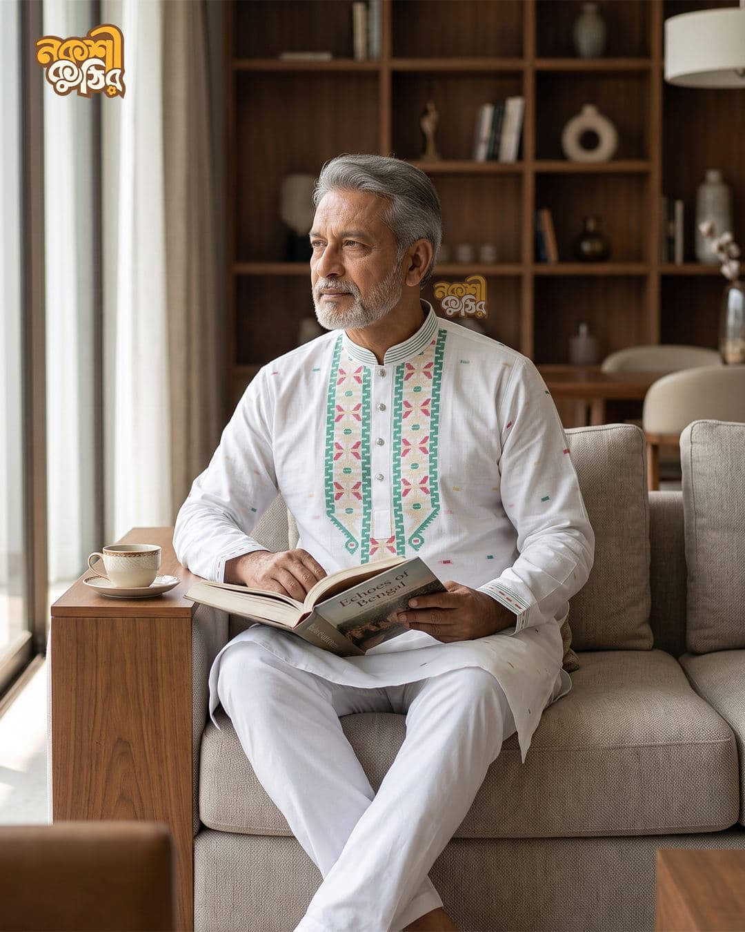 প্রিমিয়াম জামদানি পাঞ্জাবি — সাদা (সবুজ-গোলাপি কারুকাজ) — গ্যালারি
