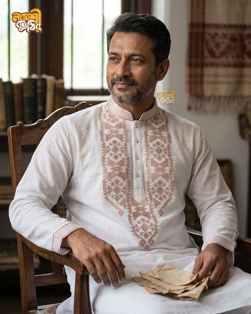 প্রিমিয়াম জামদানি পাঞ্জাবি — সাদা (গোলাপি) — প্রোডাক্ট ফটো