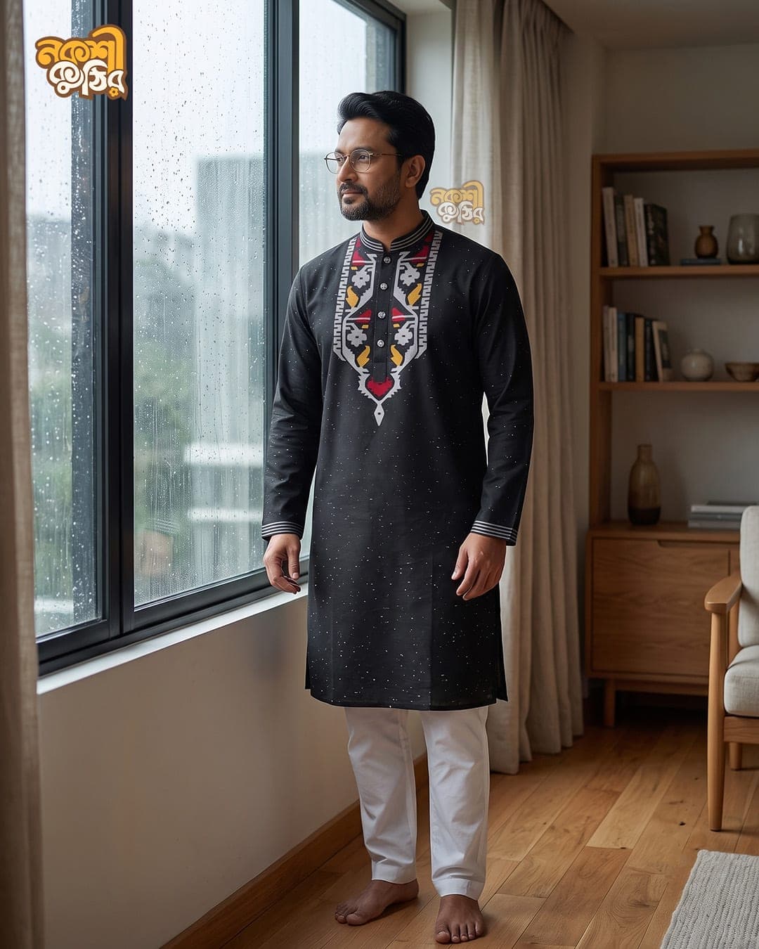 রেগুলার জামদানি পাঞ্জাবি — কালো (লাল-হলুদ কারুকাজ) — গ্যালারি