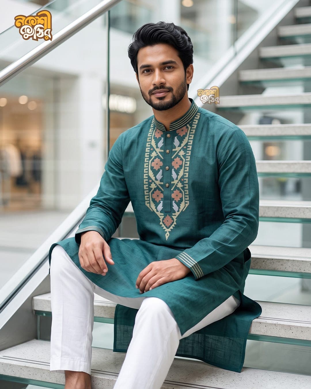 রেগুলার জামদানি পাঞ্জাবি — টিল গ্রিন (মাল্টিকালার) — গ্যালারি