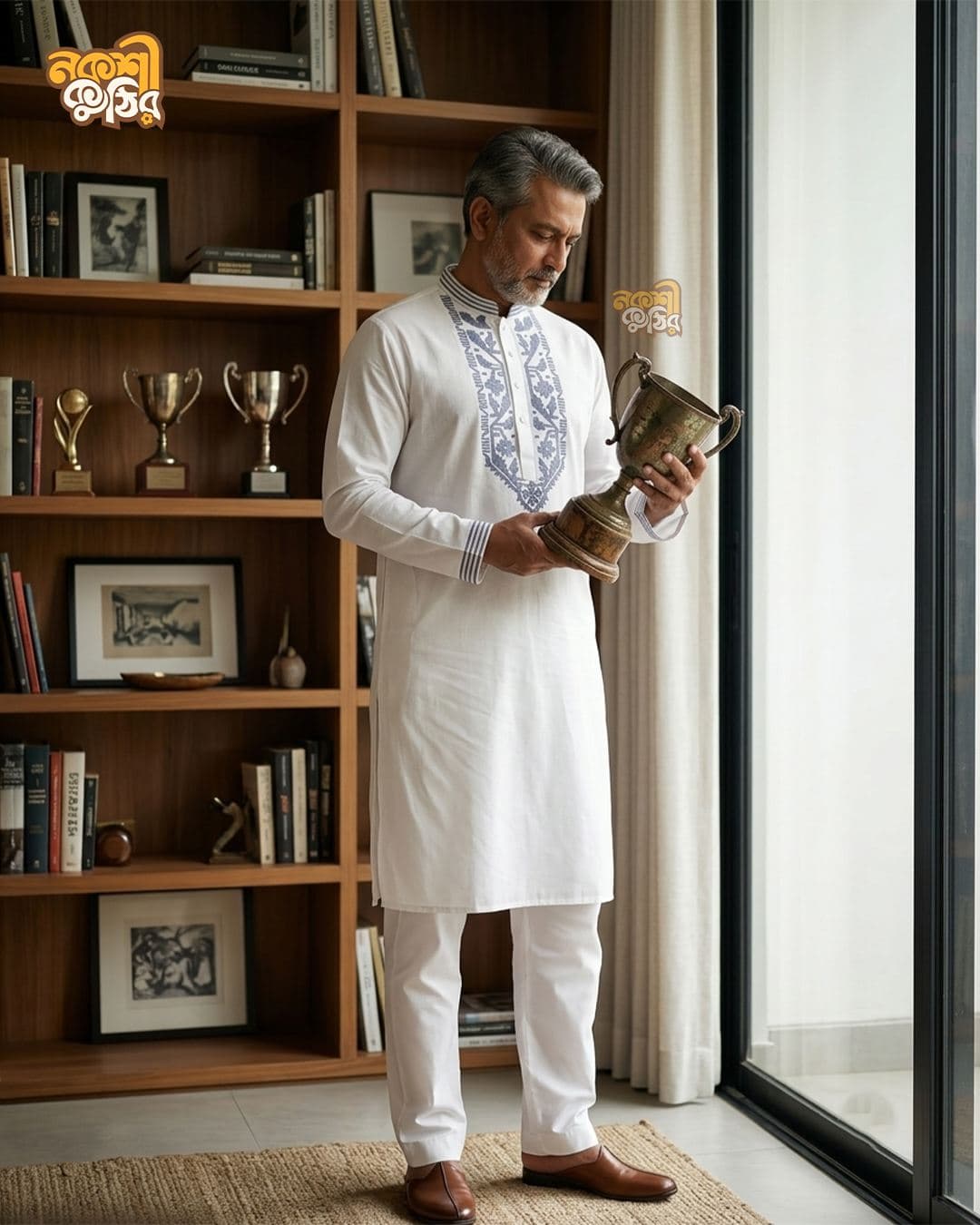 রেগুলার জামদানি পাঞ্জাবি — সাদা (নীল কারুকাজ) — গ্যালারি