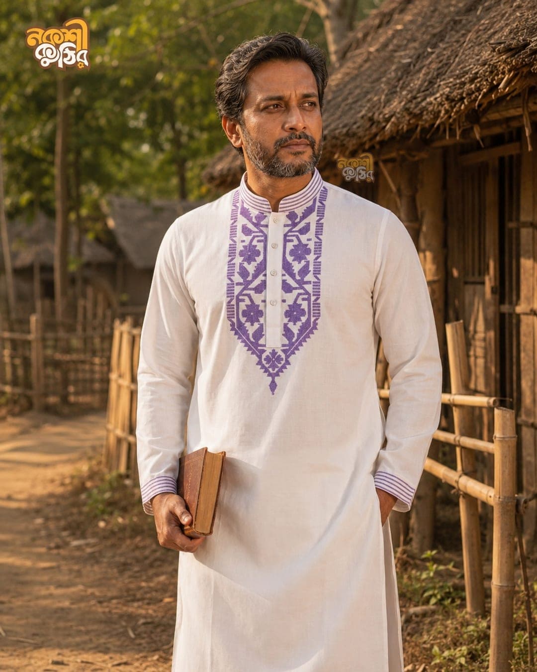 রেগুলার জামদানি পাঞ্জাবি — সাদা (পার্পল কারুকাজ) — গ্যালারি