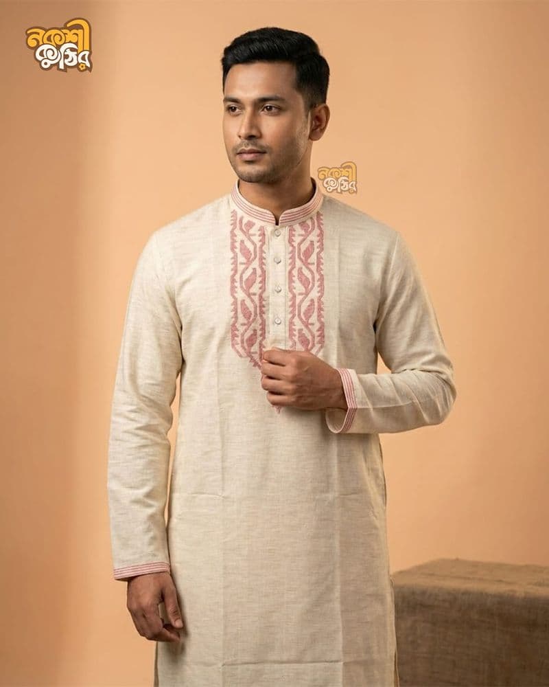 রেগুলার জামদানি পাঞ্জাবি — সাদা (লাল কারুকাজ)