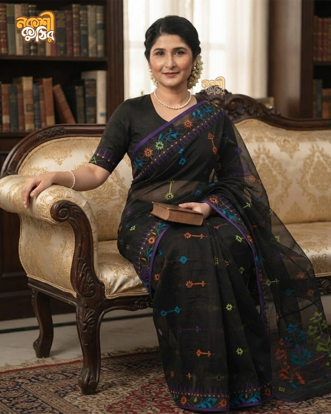 কালো জামদানি শাড়ি — সুতোর ফুলঝুরি — গ্যালারি ছবি