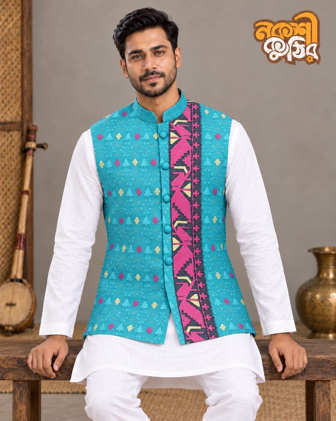 জামদানি কটি — ফিরোজা ও গোলাপি শাপলা