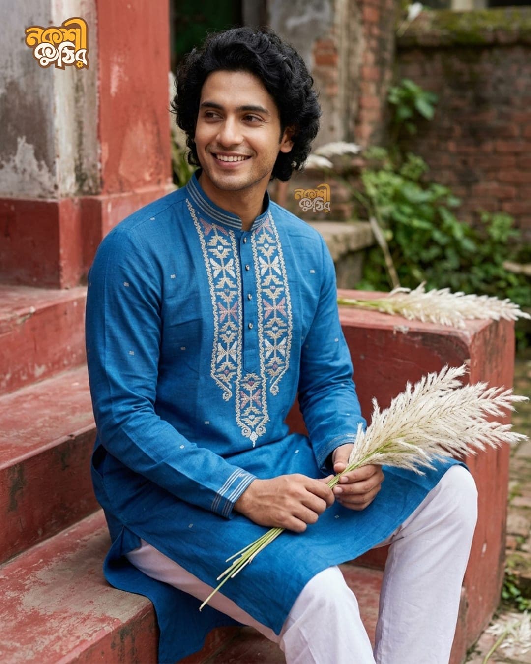 প্রিমিয়াম জামদানি পাঞ্জাবি — টিল ব্লু — গ্যালারি ছবি