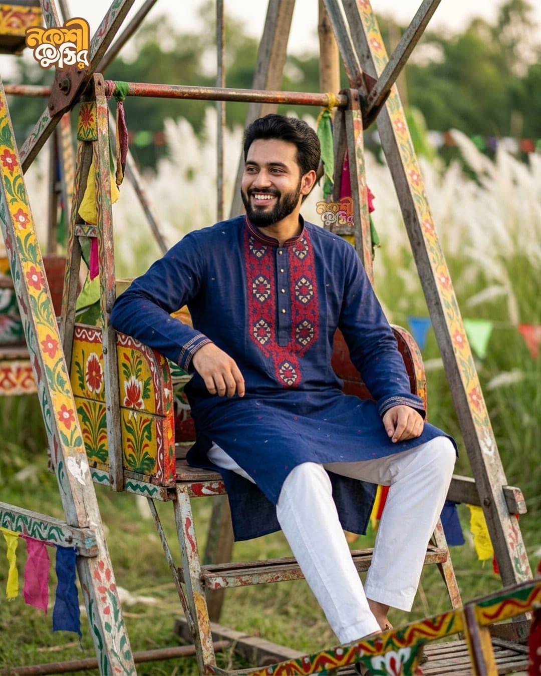 প্রিমিয়াম জামদানি পাঞ্জাবি — ডার্ক নেভি (রেড-গোল্ডেন কারুকাজ) — গ্যালারি ছবি