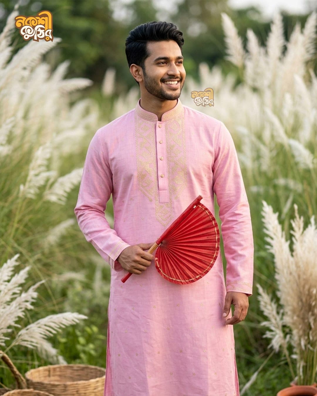 প্রিমিয়াম জামদানি পাঞ্জাবি — ব্লাশ পিঙ্ক (গোল্ডেন কারুকাজ) — গ্যালারি ছবি