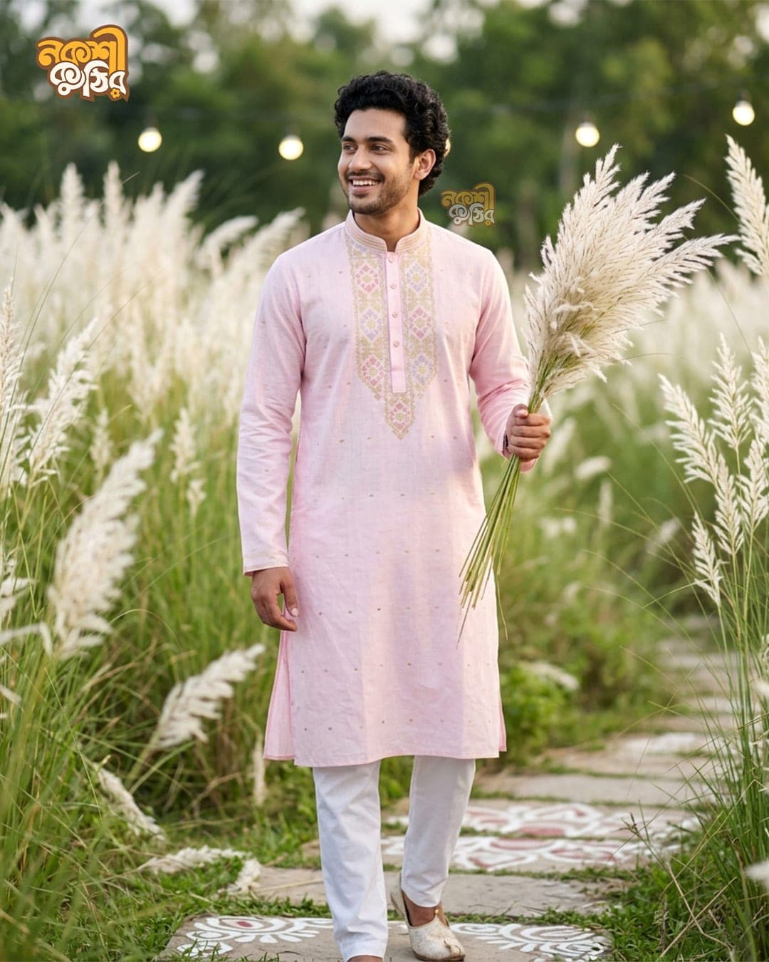 প্রিমিয়াম জামদানি পাঞ্জাবি — প্যাস্টেল পিঙ্ক (গোল্ডেন মাল্টিকালার কারুকাজ) — গ্যালারি ছবি