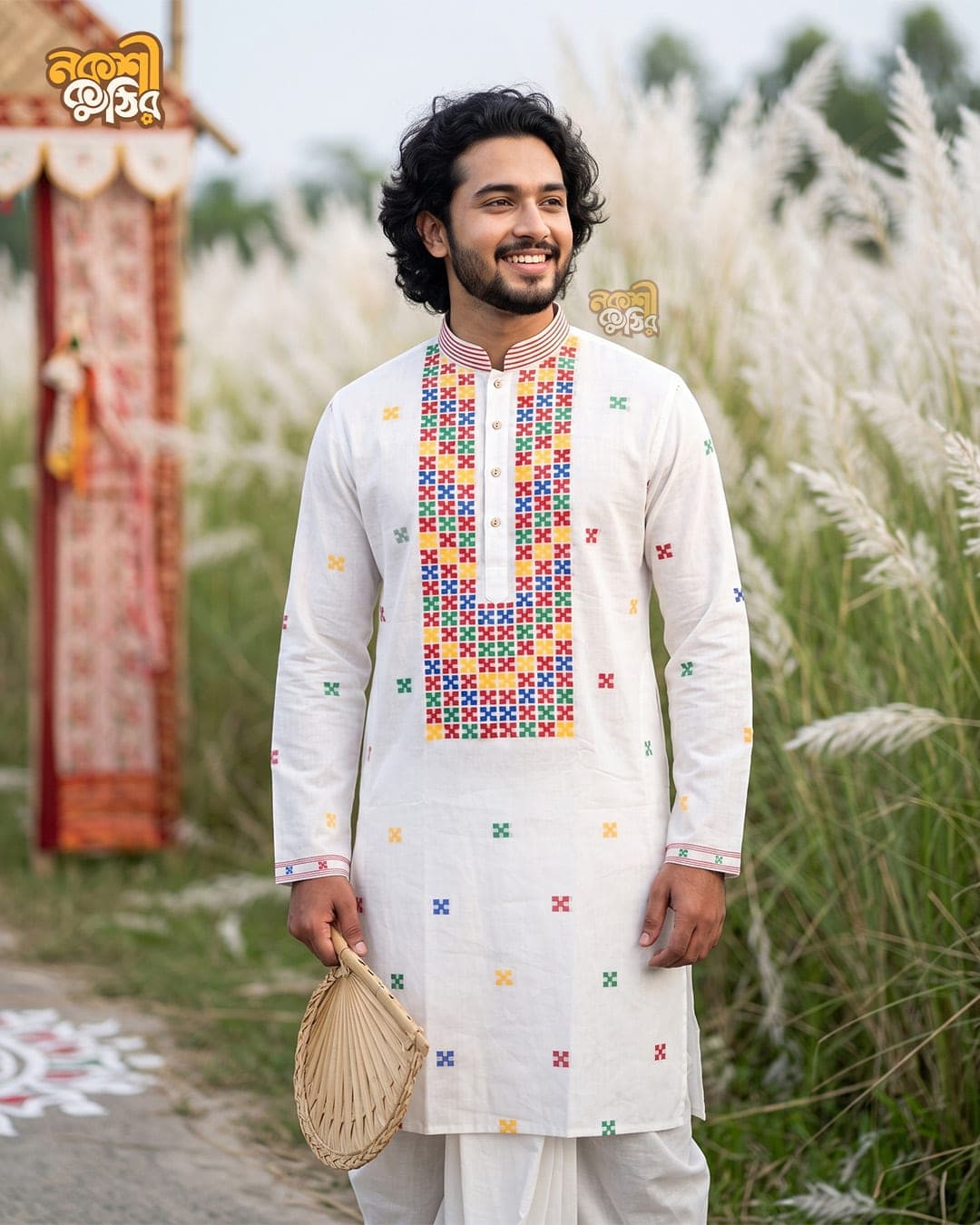 এক্সক্লুসিভ প্রিমিয়াম জামদানি পাঞ্জাবি — আইভরি (মাল্টিকালার কারুকাজ) — গ্যালারি ছবি