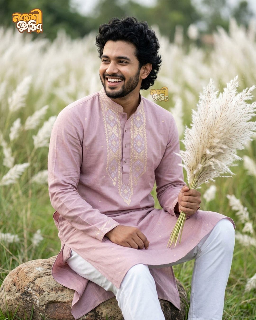প্রিমিয়াম জামদানি পাঞ্জাবি — ডাস্টি রোজ (গোল্ডেন-ল্যাভেন্ডার কারুকাজ) — গ্যালারি ছবি