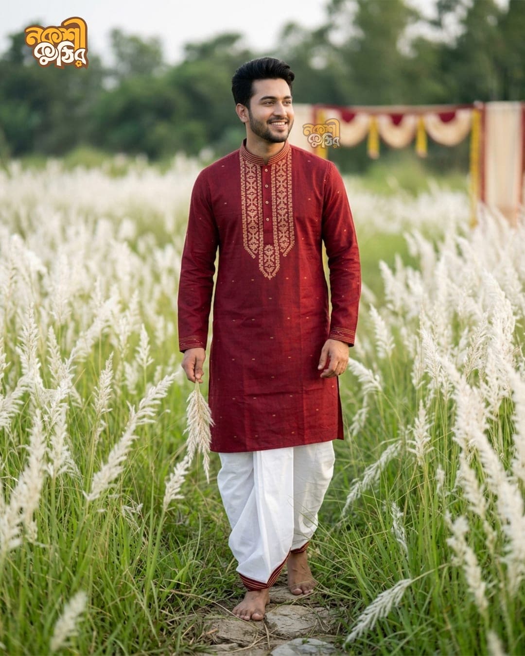 প্রিমিয়াম জামদানি পাঞ্জাবি — রুবি (অ্যান্টিক গোল্ড কারুকাজ) — গ্যালারি