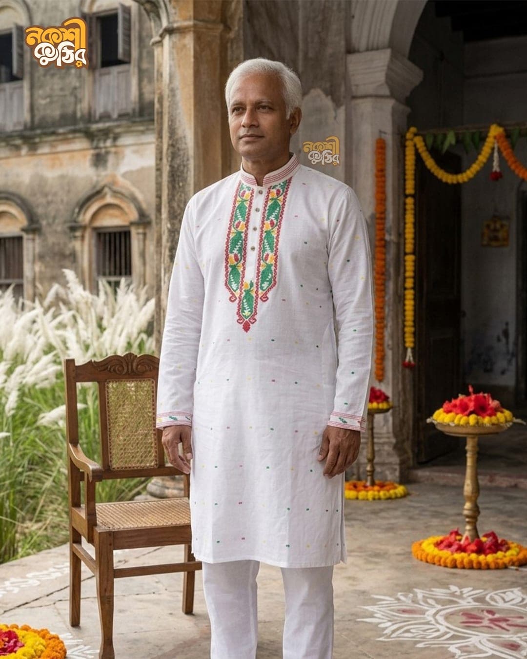 প্রিমিয়াম জামদানি পাঞ্জাবি — পিওর হোয়াইট (গ্রিন-রেড কারুকাজ) — গ্যালারি ছবি