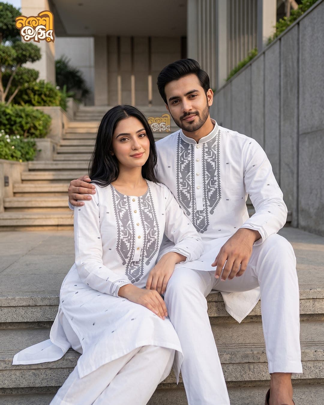 প্রিমিয়াম জামদানি কাপল কম্বো — সাদা (গ্রে কারুকাজ)