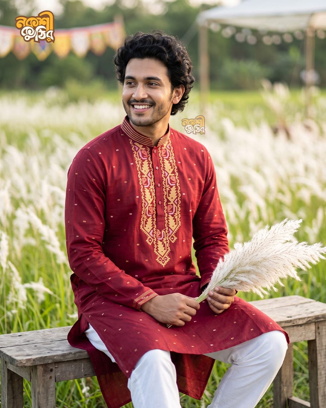 প্রিমিয়াম জামদানি পাঞ্জাবি — রুবি (অ্যান্টিক গোল্ড কারুকাজ) — গ্যালারি ছবি