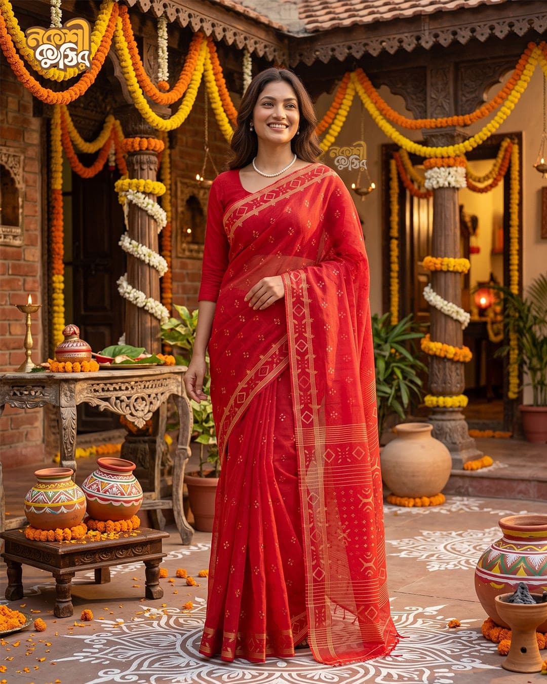 লাল জামদানি শাড়ি — রাঙা জলতরঙ্গ — গ্যালারি ছবি
