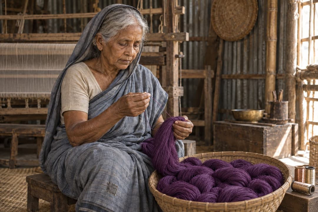 একজন বয়স্ক নারী বেগুনি সুতোর গোছা-ভরা ঝুড়ির পাশে বসে আঙুলে সুতো পরখ করছেন