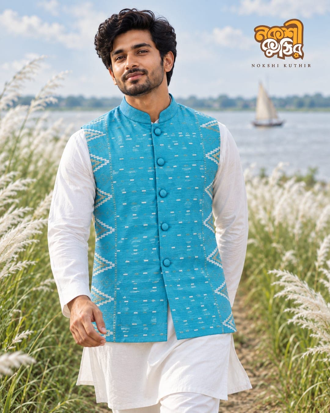 জামদানি কটি — আকাশি নীল