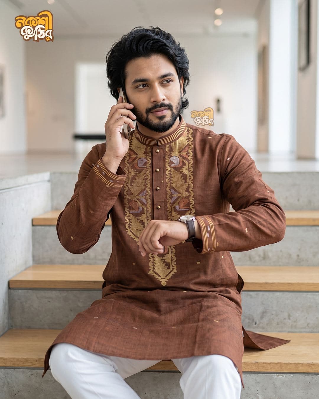 প্রিমিয়াম জামদানি পাঞ্জাবি — কফি ব্রাউন (গোল্ডেন)