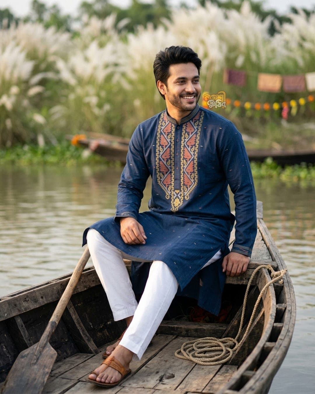 প্রিমিয়াম জামদানি পাঞ্জাবি — নেভি ব্লু (কোরাল-সোনালি কারুকাজ)