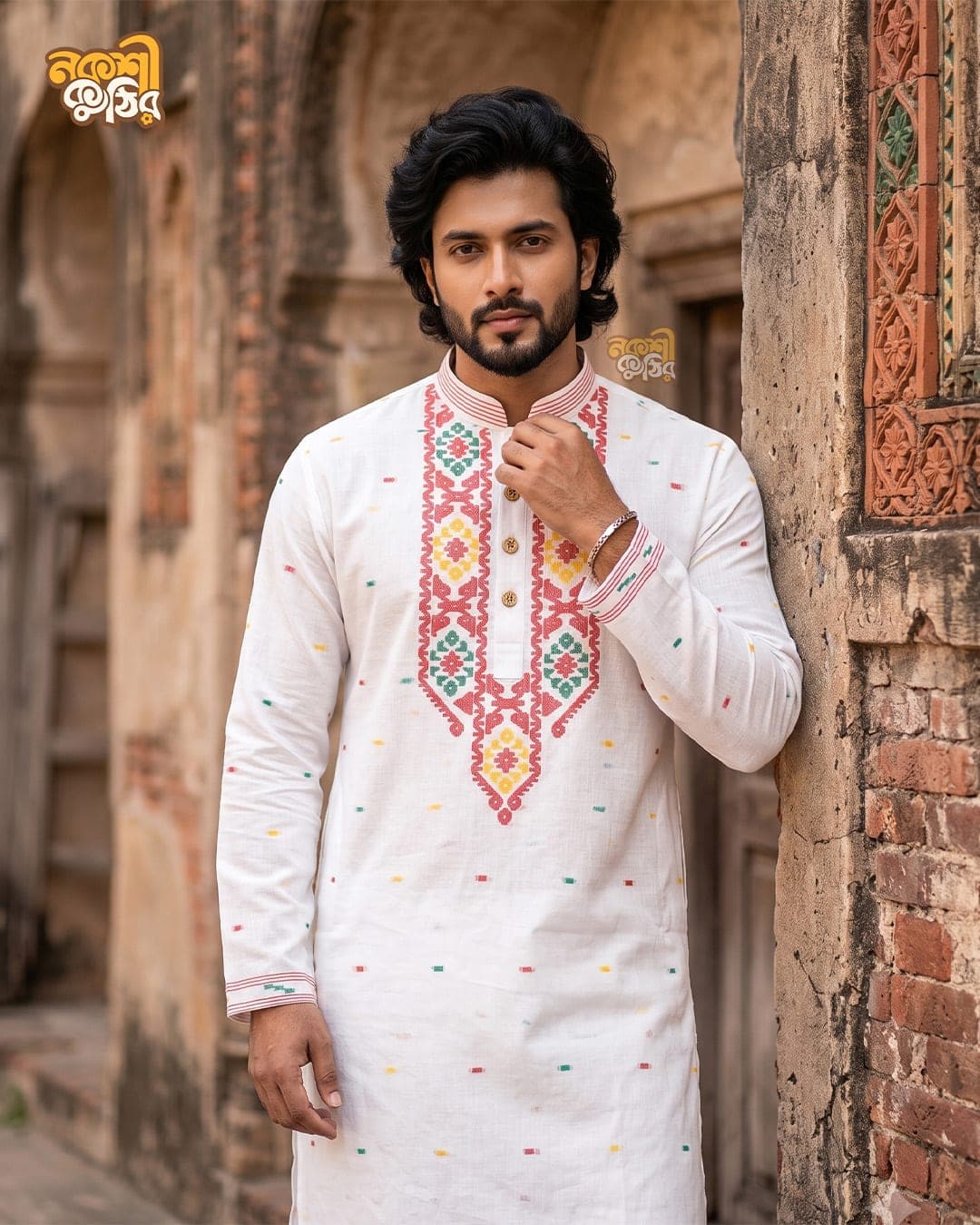 প্রিমিয়াম জামদানি পাঞ্জাবি — সাদা (লাল-গোলাপি ক্রস কারুকাজ)