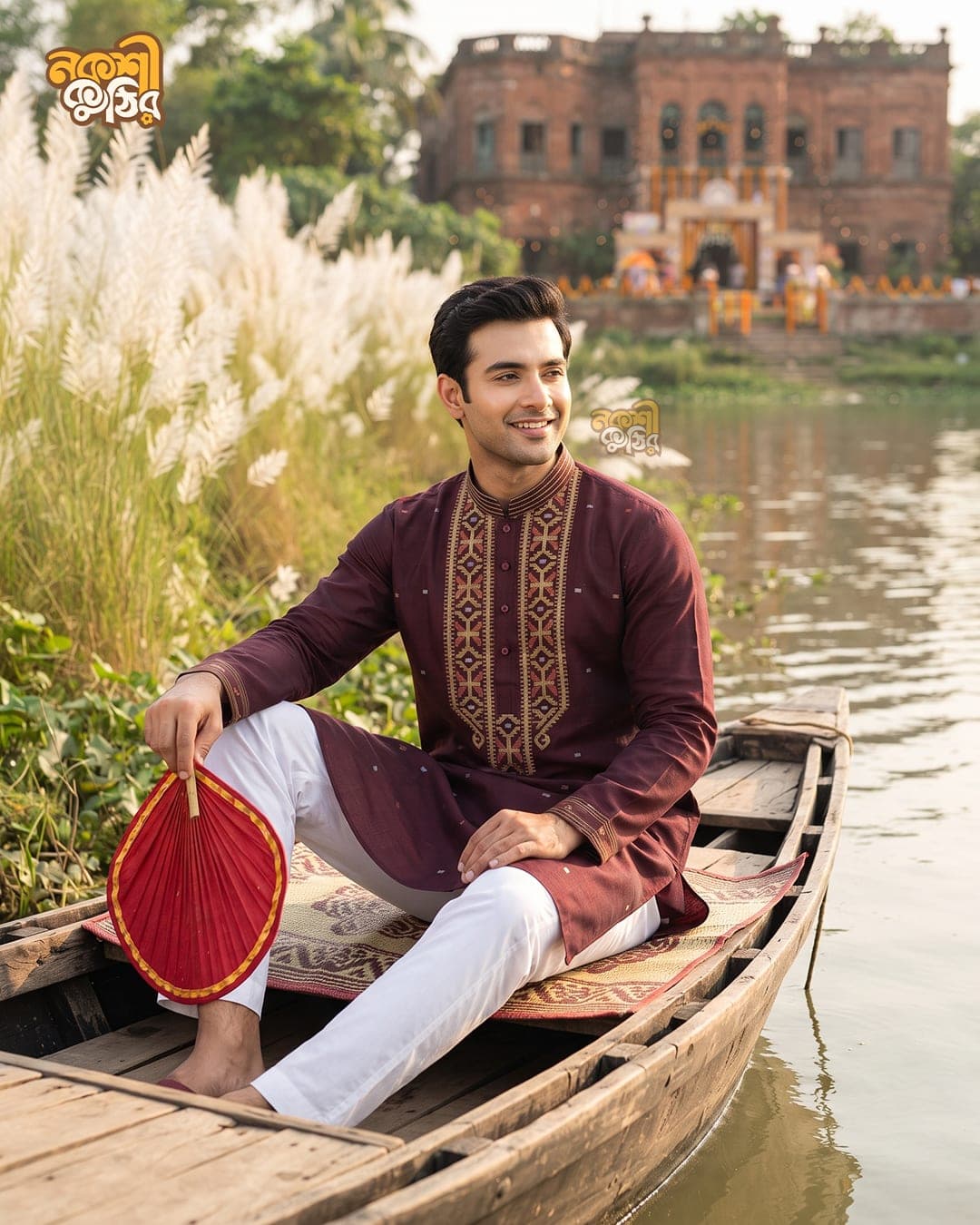 প্রিমিয়াম জামদানি পাঞ্জাবি — ওয়াইন ব্রাউন (সোনালি কারুকাজ)