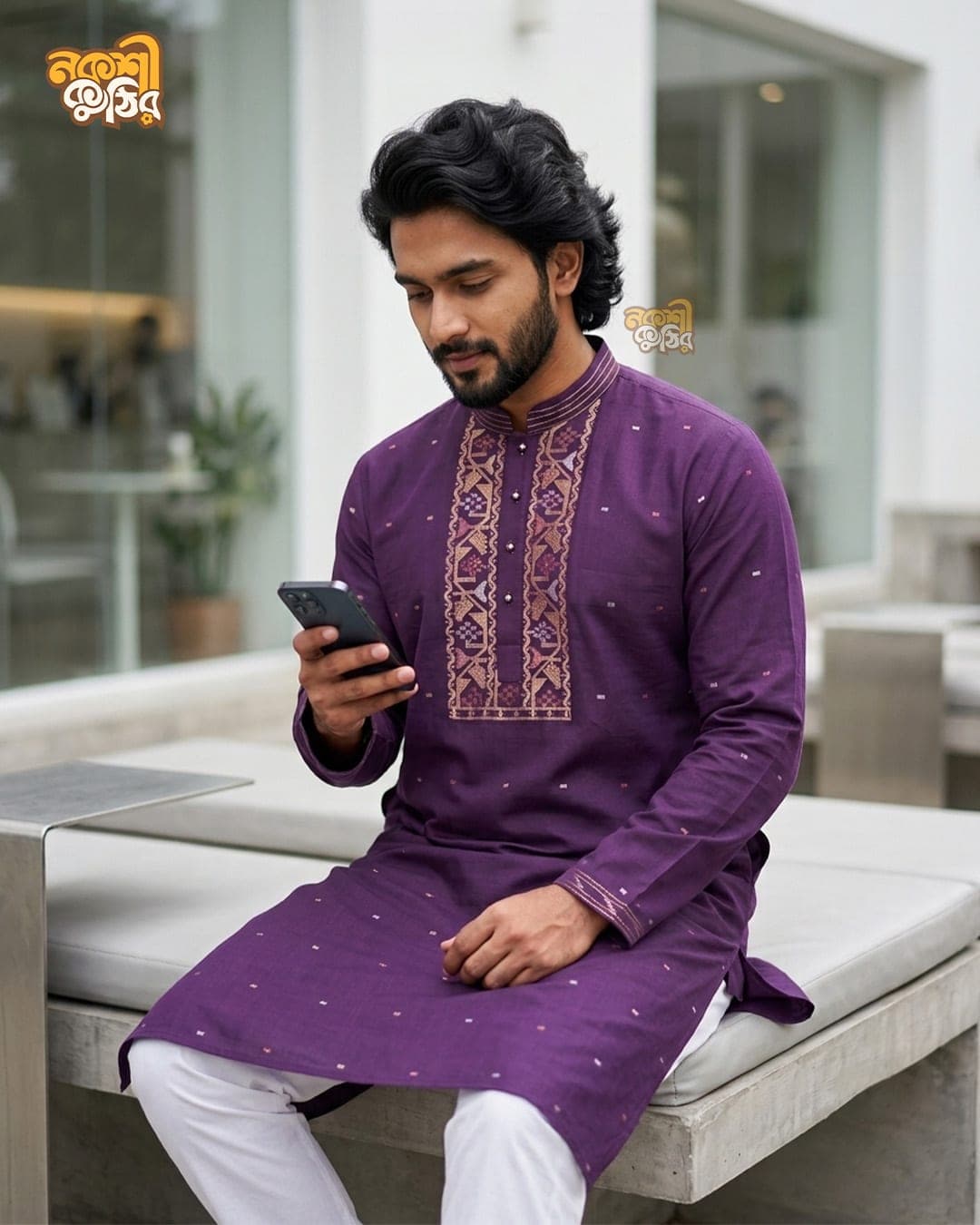 প্রিমিয়াম জামদানি পাঞ্জাবি — বেগুনি (গোল্ডেন কারুকাজ)