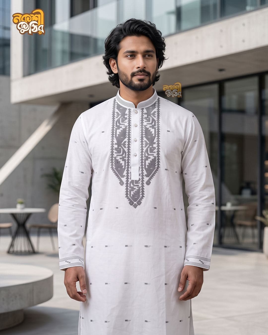 প্রিমিয়াম জামদানি পাঞ্জাবি — সাদা (কালো কারুকাজ)